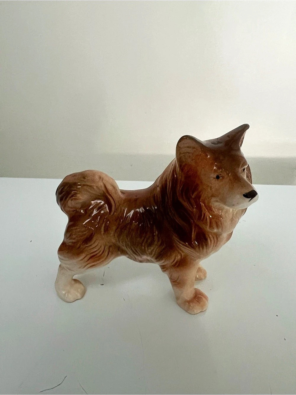 Ceramic Spitz Dog Figurine Brown & White